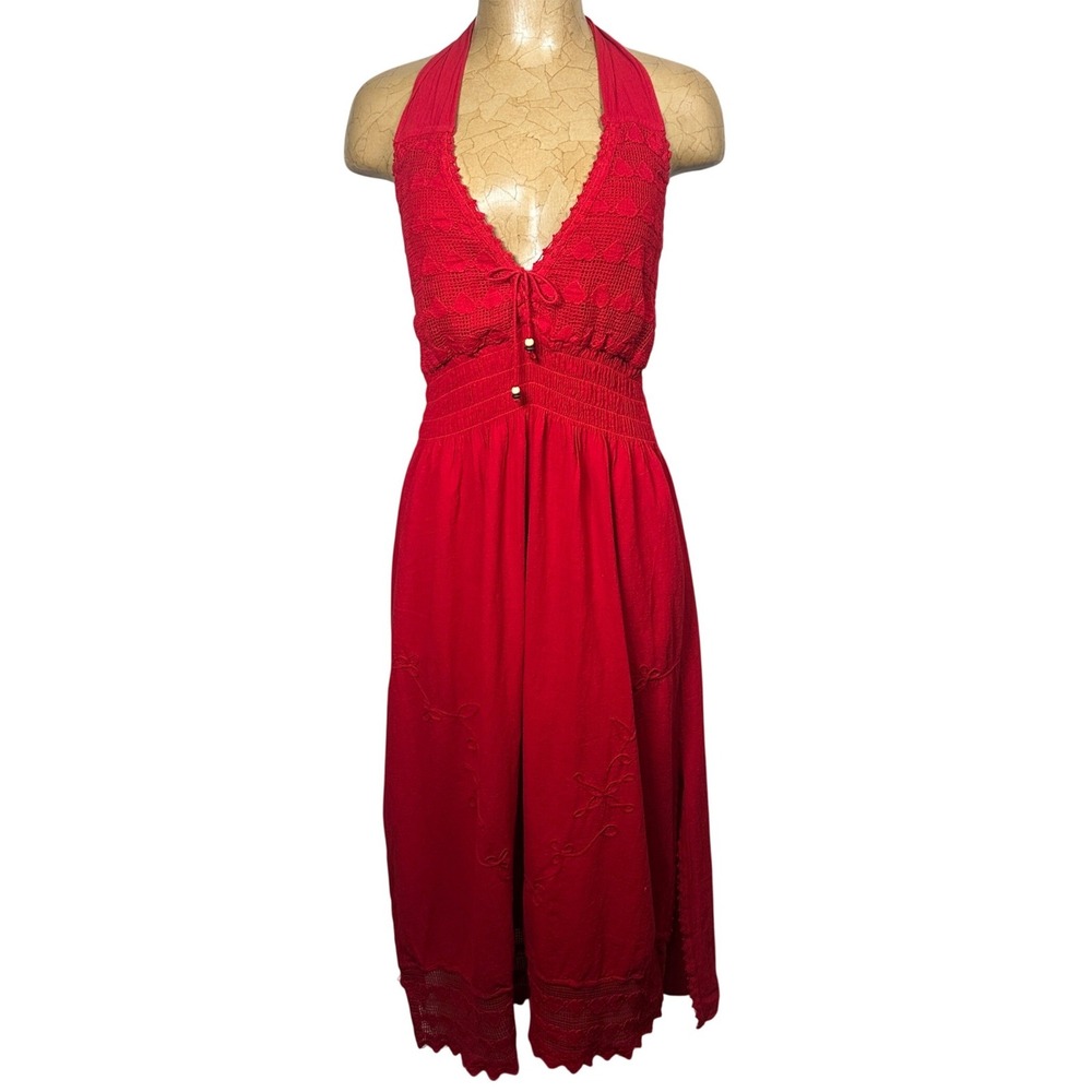 Red Boho Crochet Halter Maxi Dress Embroidered Smocked Heart Lace Hem Romantic